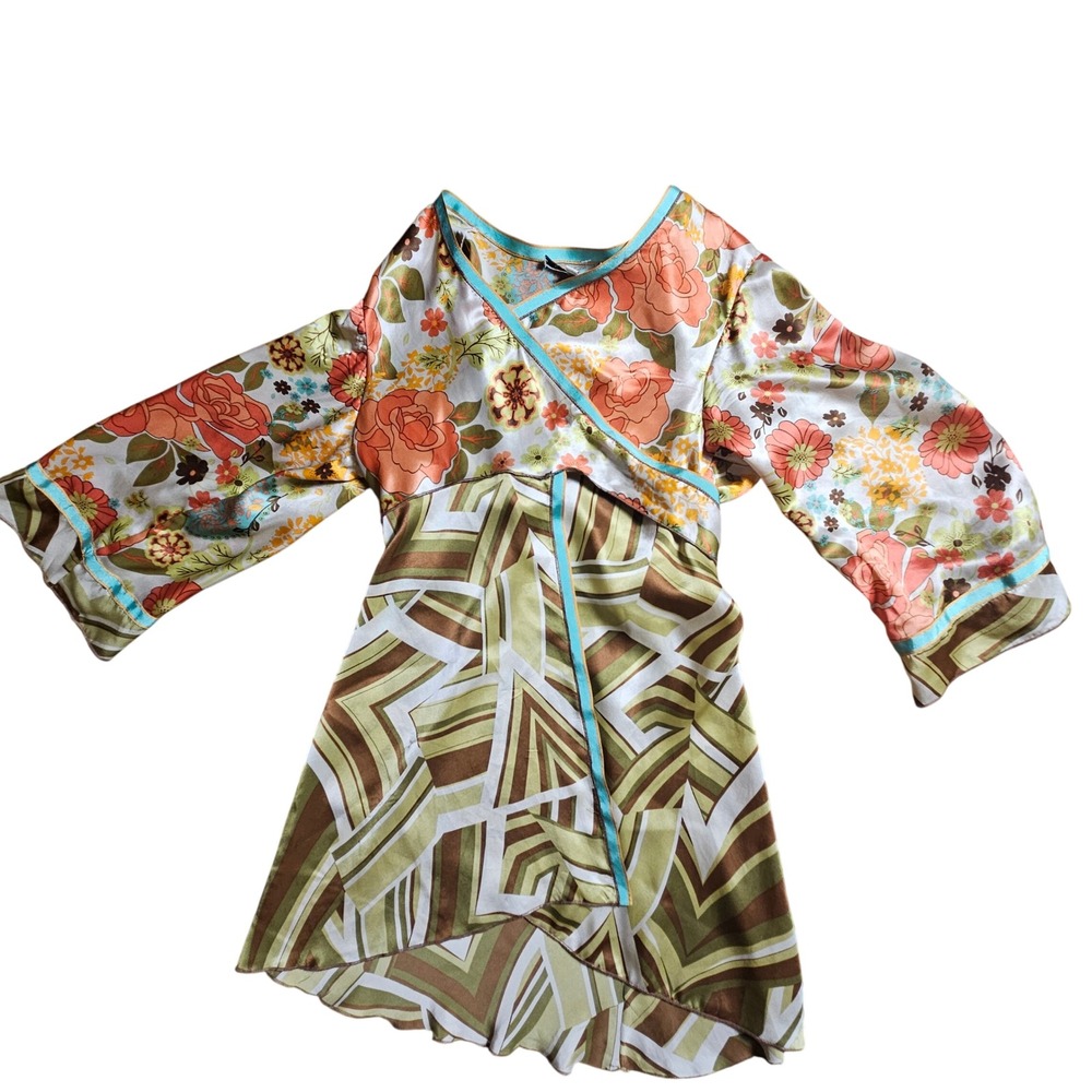 Cabi 100% Silk Floral‎ Geometric Floral Wrap Tunic Top S Artsy 70s Beach Summer